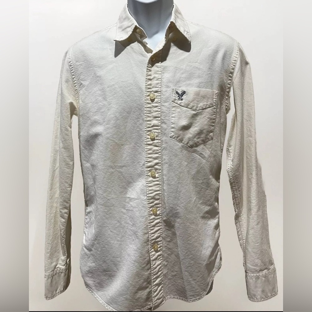 american eagle mens Small vintage fit full button up shirt long sleeve White